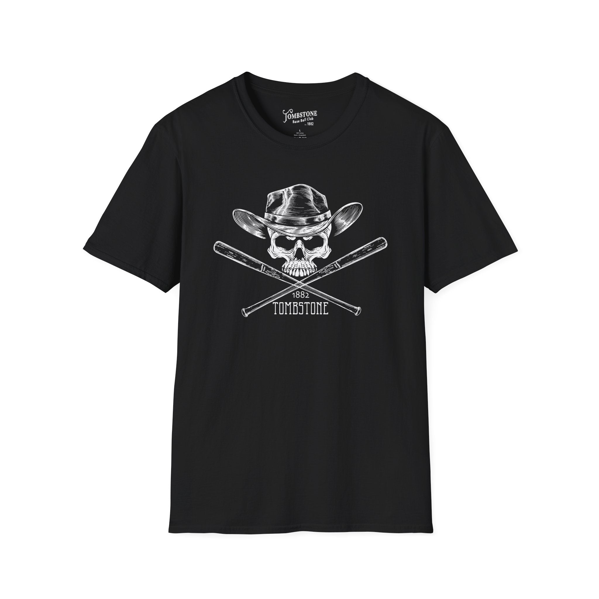 Tombstone Baseball Skull N Bats Unisex Softstyle T-Shirt