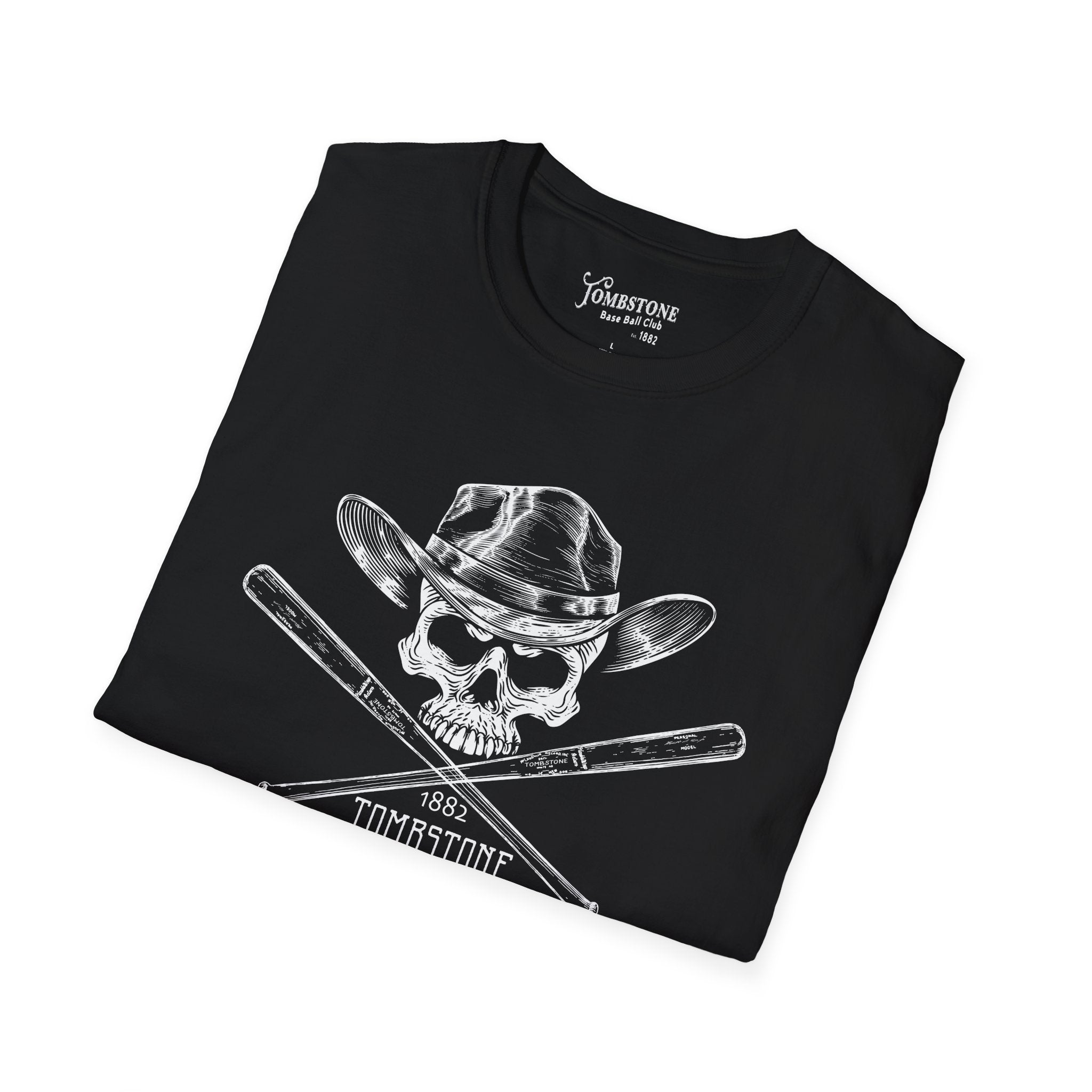 Tombstone Baseball Skull N Bats Unisex Softstyle T-Shirt