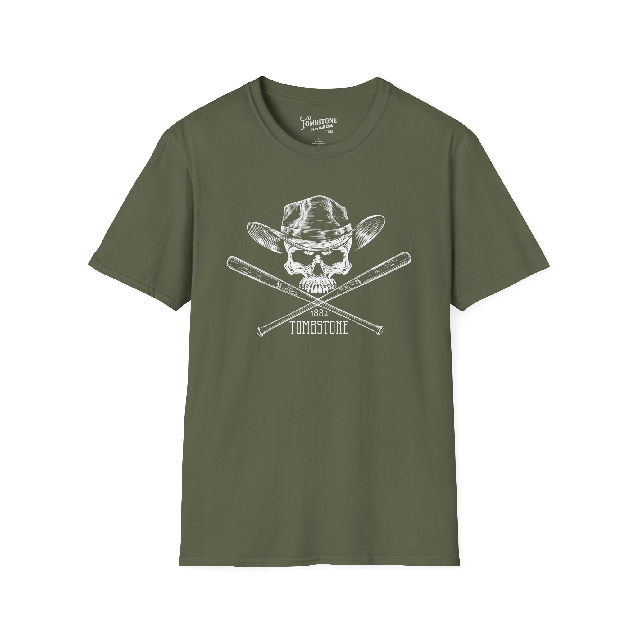 Tombstone Baseball Skull N Bats Unisex Softstyle T-Shirt