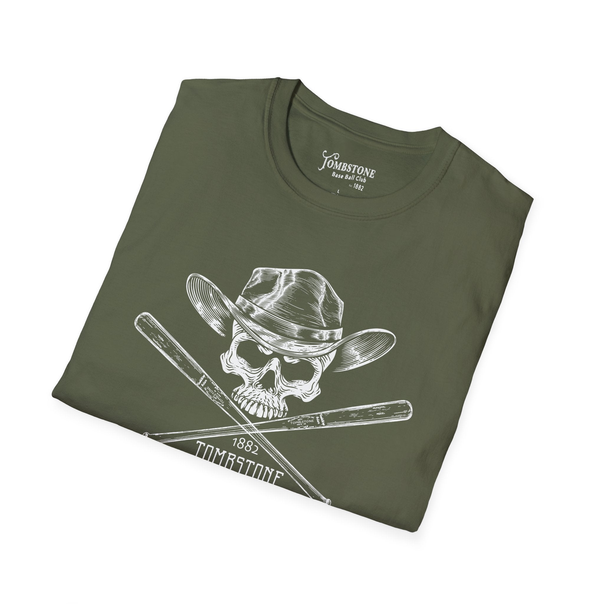 Tombstone Baseball Skull N Bats Unisex Softstyle T-Shirt
